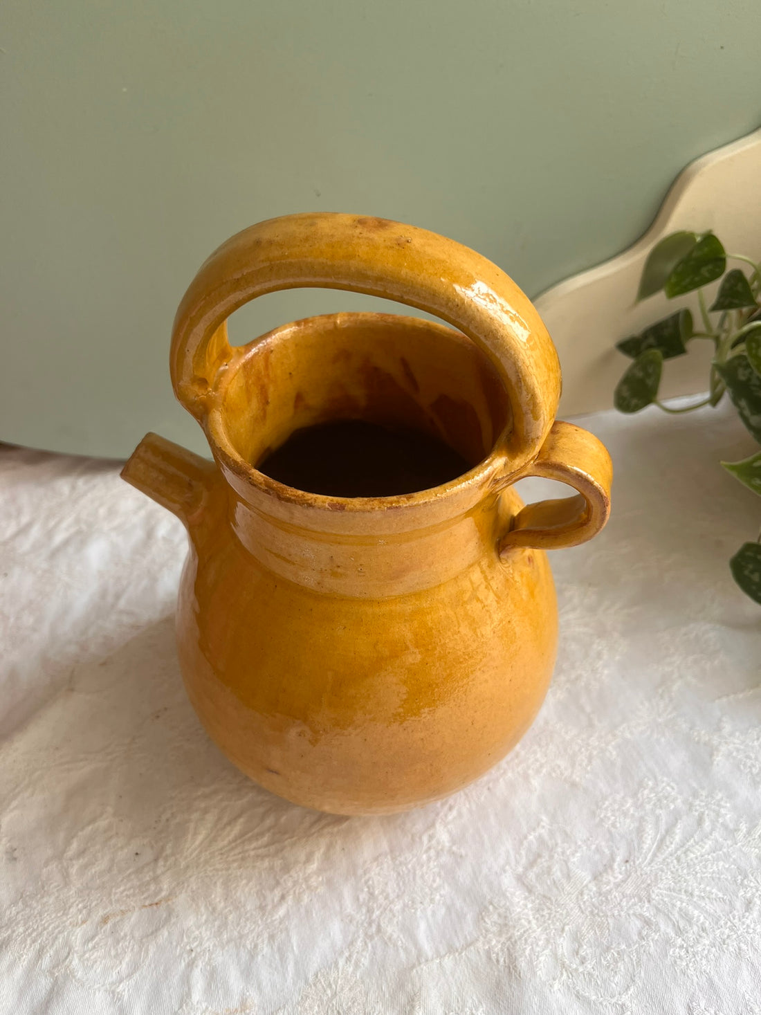 Cruche, jarre ou gargoulette vintage en céramique jaune ocre- terre cuite vernissée
