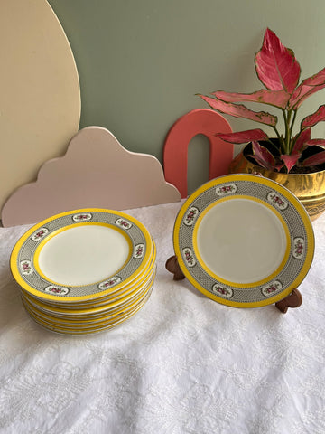 Onze assiettes à dessert en porcelaine anglaise Windsor England CMP - jaunes à décor de fleurs