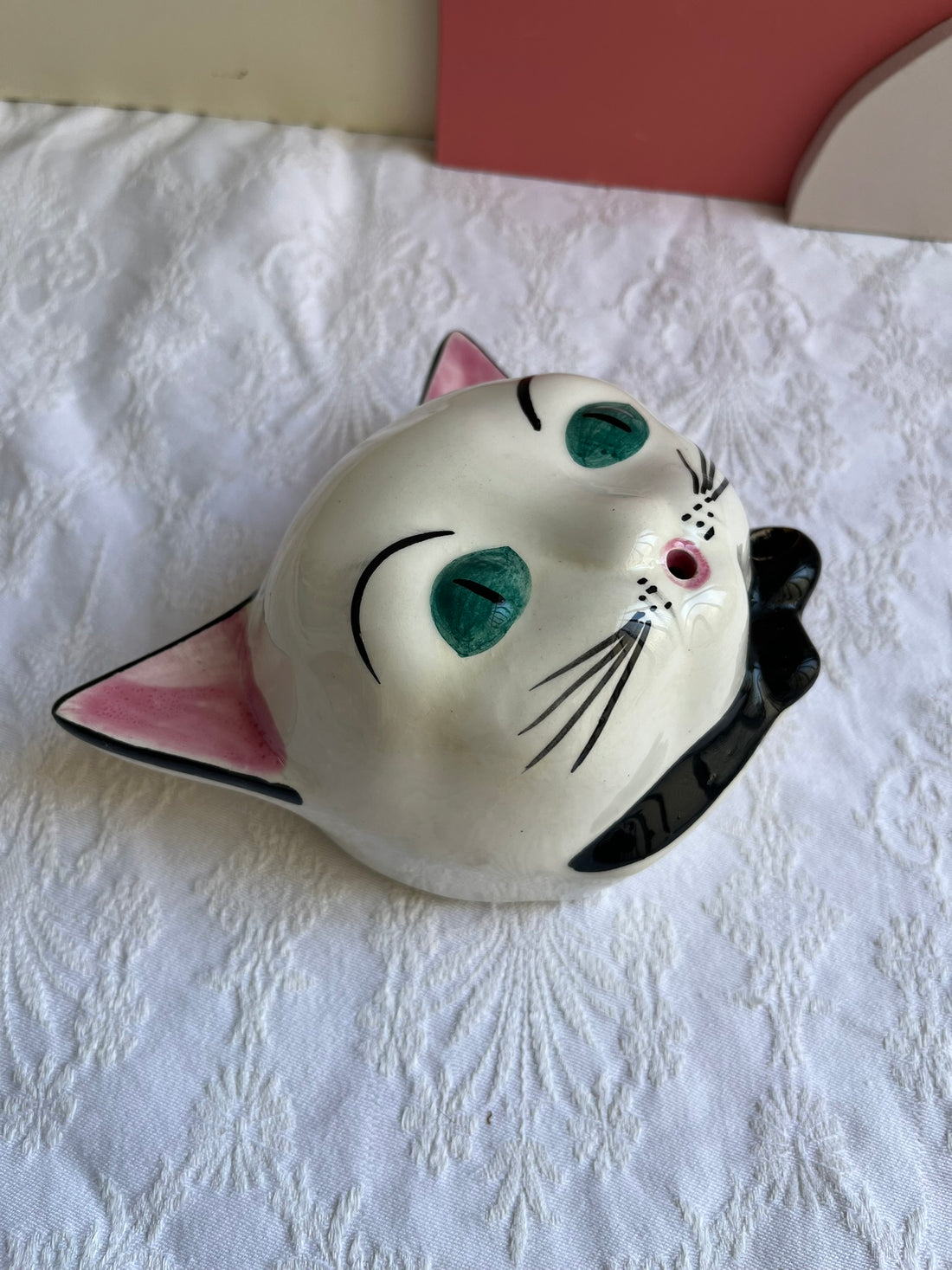 Chat dévidoir à ficelle en céramique vintage